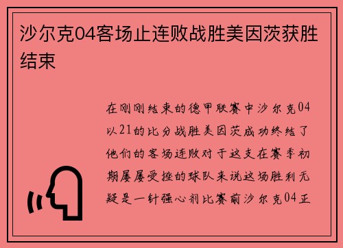 沙尔克04客场止连败战胜美因茨获胜结束